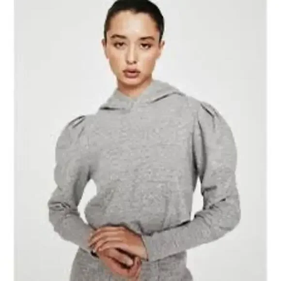 AG Jeans 100% Cotton Puff Sleeve Hoodie Heathered Gray XS Cottagecore Soft Girl - Picture 1 of 8